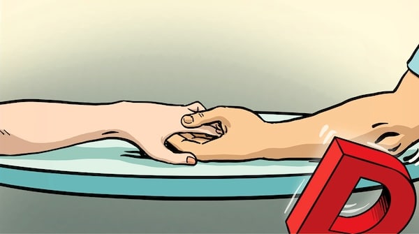 Two cartoon-style hands holding each other across a table, one pale and one tan, as if bridging any "Off the Table" misunderstandings. A red object is partially visible in the lower right corner.