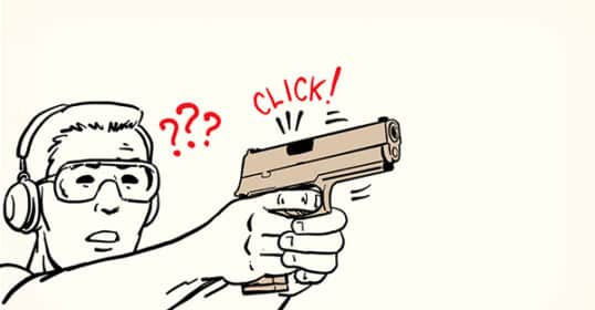 Illustration of a person at a shooting range encountering common pistol misfires, with their firearm clicking instead of firing and question marks floating above their head.