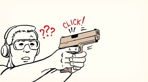 Illustration of a person at a shooting range encountering common pistol misfires, with their firearm clicking instead of firing and question marks floating above their head.