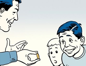 A person, depicted in a comic style, is performing the French Drop Coin Trick for two children. The kids appear interested and are looking intently at the coin as they watch Cool Uncle Tricks in action.