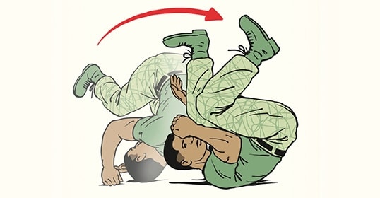 An illustrated guide demonstrating how to perform a combat roll, featuring a person rolling forward on the ground with an arrow indicating movement direction.