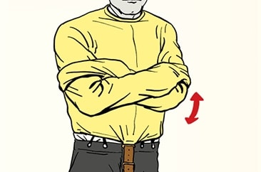 Illustration of a person crossing their arms over a yellow shirt, reminiscent of Houdini's daring escape from a straitjacket, with a red arrow pointing down on the right side.