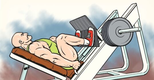 Cartoon of a muscular man perfecting his leg press techniques while wearing a green tank top and red shoes.