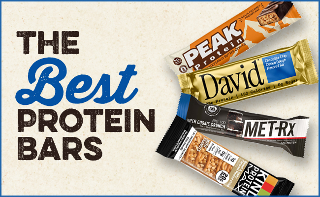 Image of four protein bars from brands Peak, David, MET-Rx, and FitCrunch displayed diagonally above the text "The Best Protein Bars" on a light background. Experience the ultimate in protein with these top-tier selections.