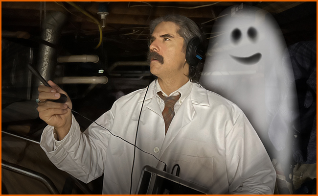 A person in a lab coat with headphones holds equipment, tuning into ghost voices. A cartoon ghost is visible next to them, illustrating the mysterious blend of spirits and technology.