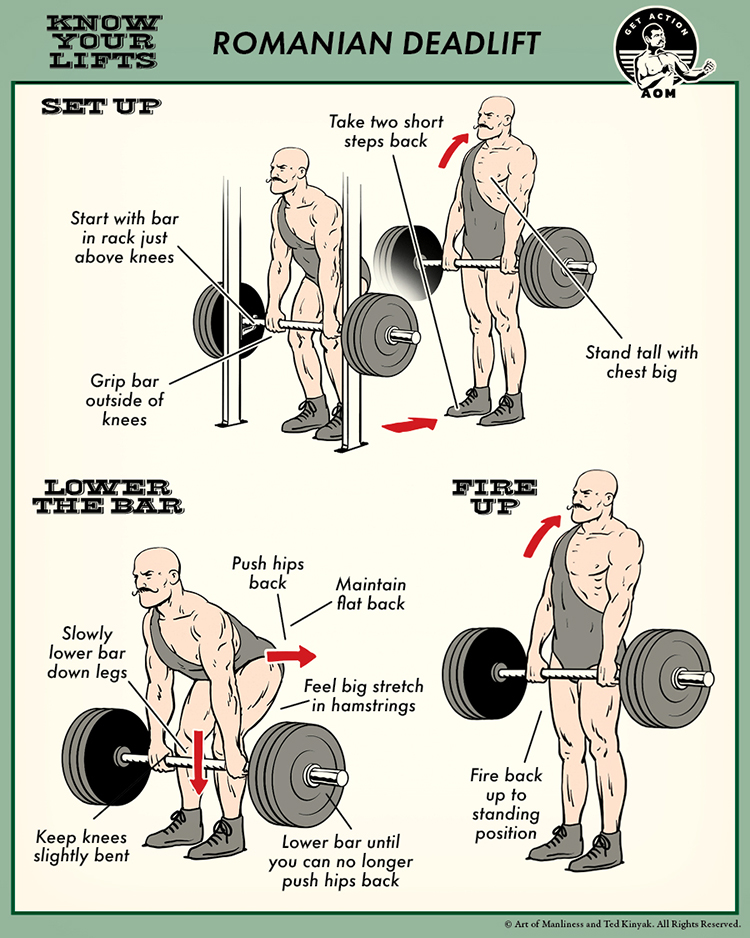 Instructional illustrations for the Romanian Deadlift (RDL) provide step-by-step guidance on setup, lowering the bar, and executing the lift effectively.