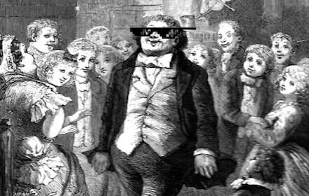 A vintage illustration captures a group of people surrounding a central figure wearing pixelated sunglasses, exuding that Baller energy reminiscent of Fezziwig's legendary charm.