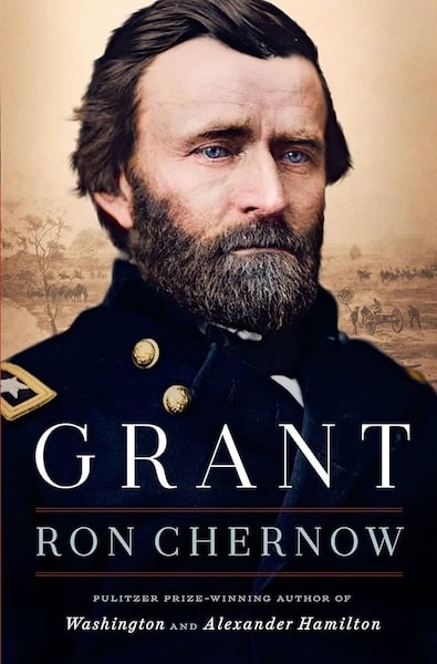 Cover of the book "Grant" by Ron Chernow, featuring a portrait of a man in military uniform with a historical battlefield in the background—a perfect Christmas gift for history book enthusiasts.