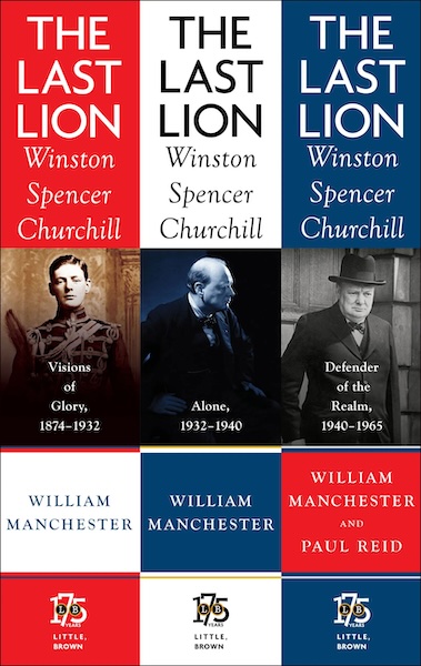 Book cover for "The Last Lion" trilogy by William Manchester and Paul Reid, featuring Winston Spencer Churchill. Titles include "Visions of Glory," "Alone," and "Defender of the Realm." A perfect gift for history book enthusiasts this Christmas.