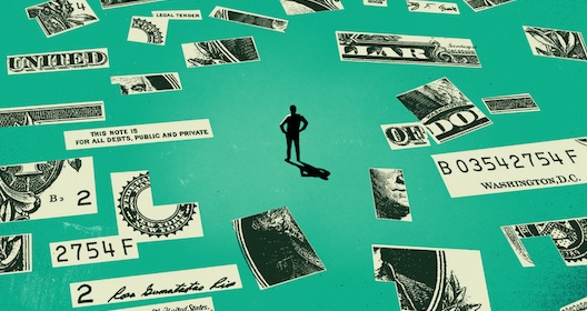 A silhouette of a person stands at the center, surrounded by scattered fragments of U.S. dollar bill designs on a teal background, reminiscent of an intriguing podcast episode cover.