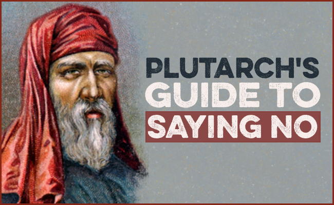 Illustration of a bearded man in a red headscarf next to the text "Plutarch's Guide to Saying No," reminiscent of ancient art, providing wisdom against people-pleasing.