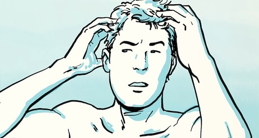 Illustration of a shirtless person applying hair product, touching their hair while looking to the side with a neutral expression.