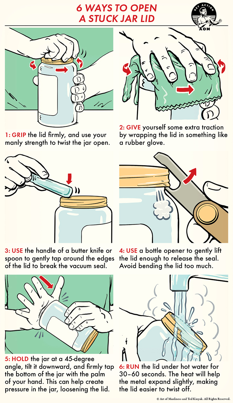 Illustrated guide: six methods to open a stuck jar lid using grip, rubber gloves, a knife, a bottle opener, tapping the lid, and running hot water over it.