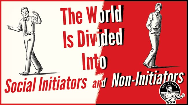 Illustration of two men with text: "The World Is Divided Into Social Initiators and Non-Initiators." This important PSA features a red and white background with a logo in the lower right corner.