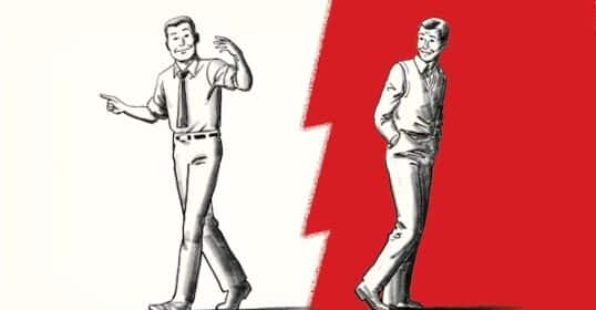 Illustration of two men, one as a social initiator gesturing and the other a non-initiator with hands in pockets, set against a split red and white background, much like a compelling PSA on communication dynamics.