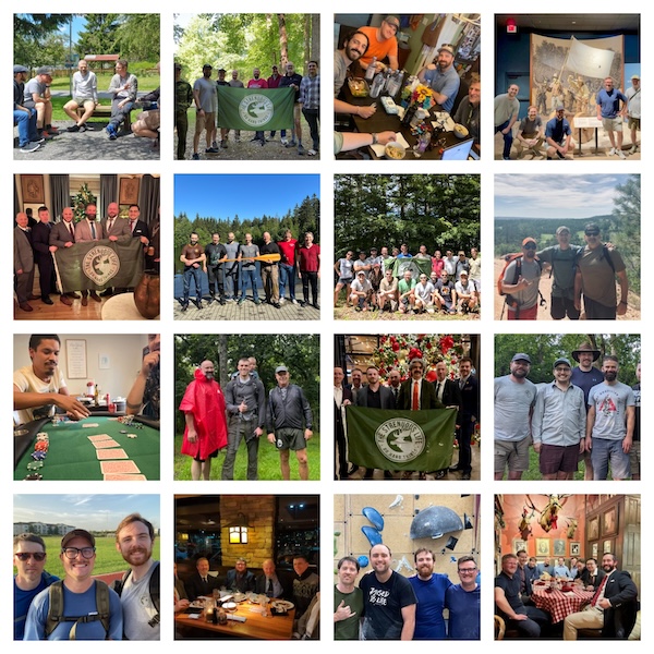 A vibrant collage of group photos captures the spirit of The Strenuous Life, with people outdoors playing board games and proudly holding a green flag adorned with a circular emblem. This snapshot teases the exciting possibilities awaiting those considering Winter Enrollment in 2025.