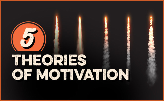 Text reading "5 Theories of Motivation" with five rocket-like flames soaring upward, embodying the science of drive to achieve your goals.