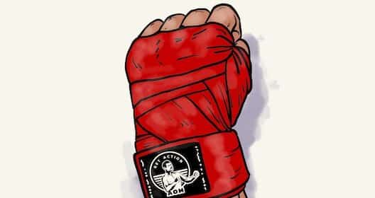 Illustration of a fist expertly wrapped in red hand wraps, reminiscent of a boxing champion's preparation, with an iconic logo featuring a person holding a microphone.