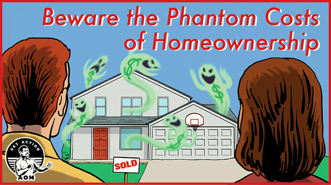 Cartoon of a couple gazing at their dream home with a "Sold" sign. Text reads "Beware the Phantom Costs of Homeownership" as ghostly figures loom around, hinting at hidden expenses.