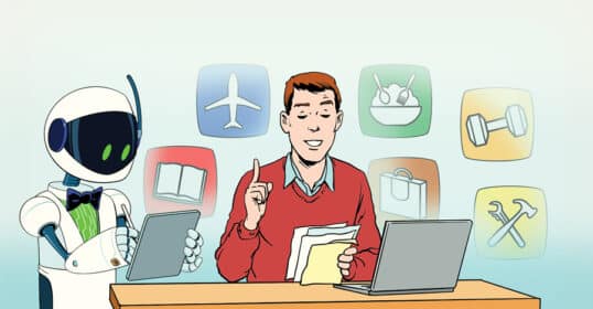 A man sits at a desk, holding papers and pointing upwards, while a robot using AI engages with a tablet. Icons of travel, dining, fitness, reading, shopping, and tools float in the background.