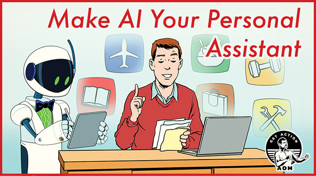 Cartoon of a robot and a man at a table with tech devices. The text reads, "Let AI Guide You as Your Personal Assistant." Various app icons are in the background.