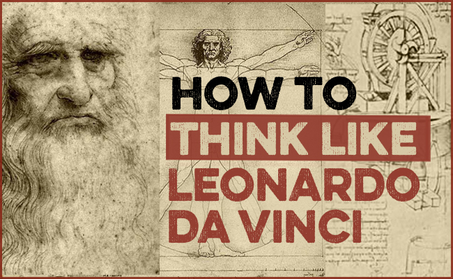 Collage featuring Leonardo da Vinci's portrait, Vitruvian Man, sketches, and text: "How to Think Like Leonardo da Vinci: Unleashing Your Inner Genius.