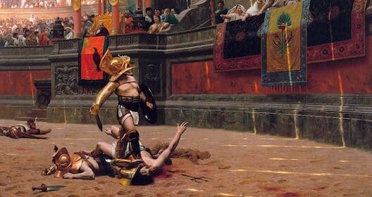 A victorious Roman Gladiator stands over a fallen opponent in an ancient arena, surrounded by spectators and colorful banners, echoing both myths and truths of their legendary combats.