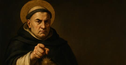 A man in religious attire with a halo, evoking Thomas Aquinas, points directly at the viewer against a dark background.