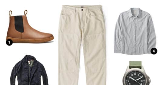 Discover the LUCA collection of men's clothing and accessories. Step into spring with a refined look featuring brown Chelsea boots, a stylish navy jacket, beige pants, a gray button-up shirt, and a sleek black-dial watch with a green strap. Outfitted & equipped for any occasion.