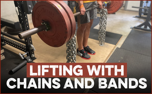 A person holds a barbell loaded with weight plates, heavy chains, and bands in a gym. Text at the bottom reads, "Lifting with Chains and Bands"—showcasing accommodating resistance training.
