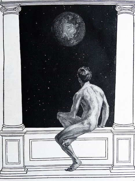 A nude person sits on a ledge between two large columns, gazing with passion into a starry sky where a distant planet glimmers—a silent witness to dreams of achievement.