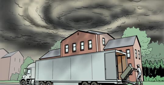 A moving truck is parked outside a house while movers load furniture beneath dark, swirling storm clouds—a reminder to brush up on relocation tips and avoid moving mistakes during your cross-country move.