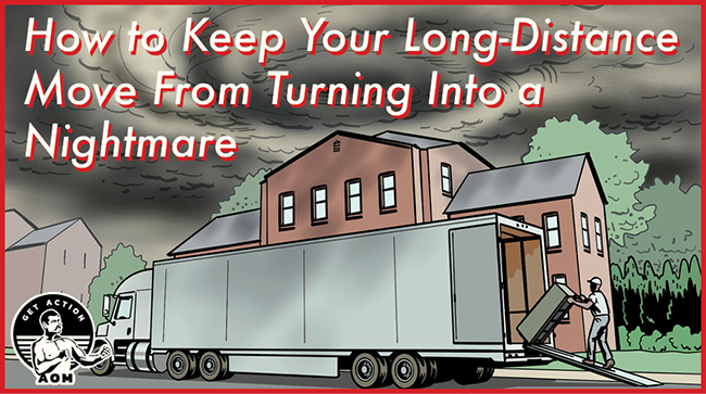 A moving truck is parked outside a house under stormy skies, with a person loading furniture and the text: "Relocation tips to keep your cross-country move from turning into a nightmare.