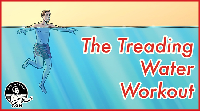Illustration of a man treading water in a pool, with text reading "The Treading Water Workout," highlighting an effective aquatic fitness routine, and a small circular logo in the corner.