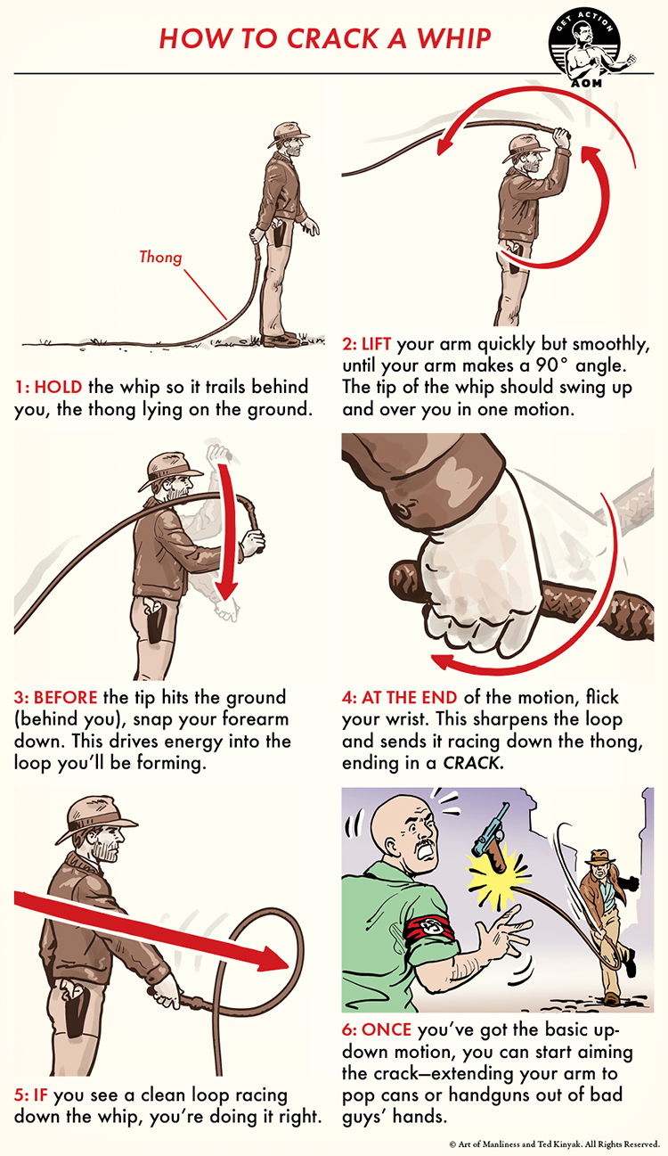 Step-by-step illustrated guide showing How to Crack a Whip, with clear instructions accompanying each numbered drawing of a person whip cracking.