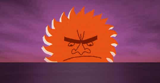Cartoonish angry orange sun with a frowning face appears to rise or set over a calm purple ocean under a purple sky, hinting at the idea that even suns shouldn’t go to bed angry.