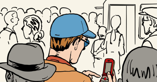 A person wearing a blue cap uses a burner phone in a crowded area, surrounded by people depicted in sketch style.