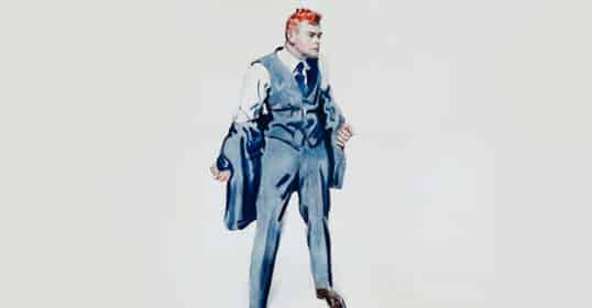 An illustrated man in a suit stands with clenched fists and an intense expression, embodying the struggle of anger management; a hat lies on the ground at his feet.