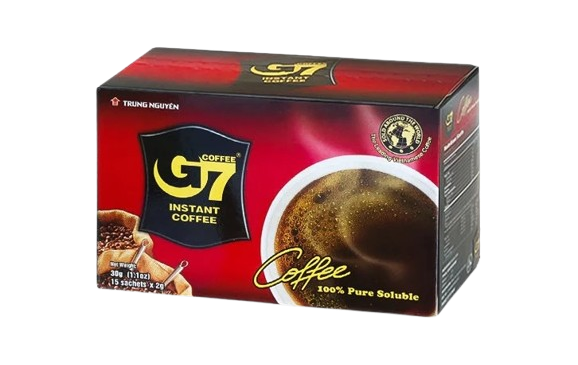 A box of Trung Nguyen G7 Instant Coffee featuring a coffee cup image and product branding on the packaging—perfect for those seeking the best instant coffee experience.