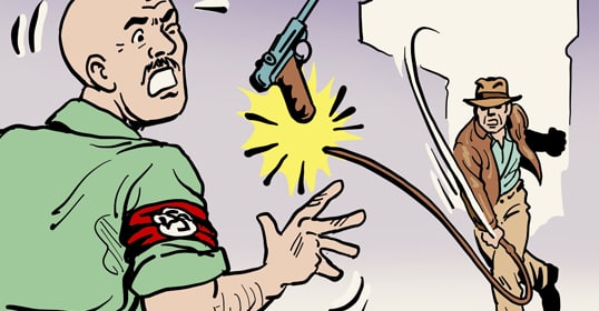 A man uses impressive whip tricks to disarm a Nazi, knocking the gun from his hand with a swift crack; both appear shocked.