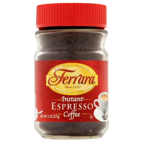 A jar of Ferrara Instant Espresso Coffee with a red lid and label, containing 2 oz (57g) of instant coffee, shown against a plain white background.
