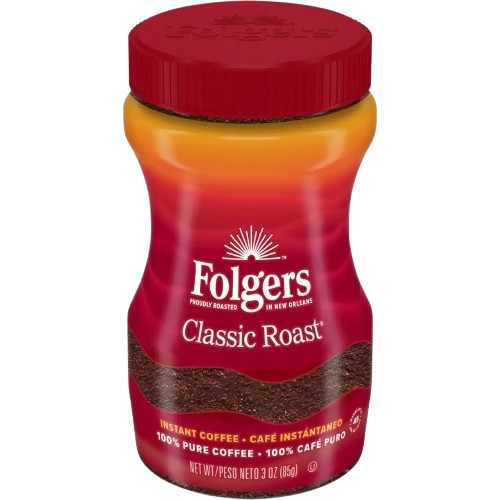 A jar of Folgers Classic Roast, often called the best instant coffee, features a red lid and label displaying the brand name and product details.