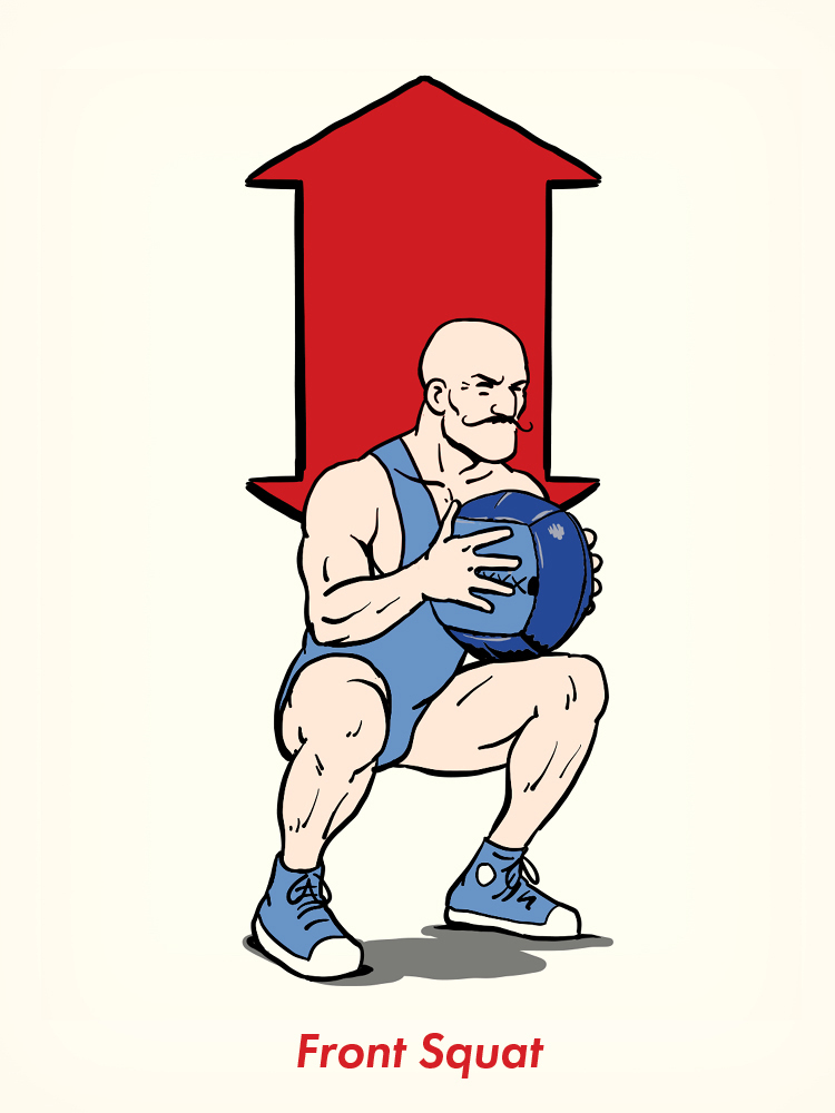 Illustration of a person in a blue outfit performing a front squat as part of medicine ball exercises, holding the ball with a large red upward arrow in the background. Text below reads "Front Squat.