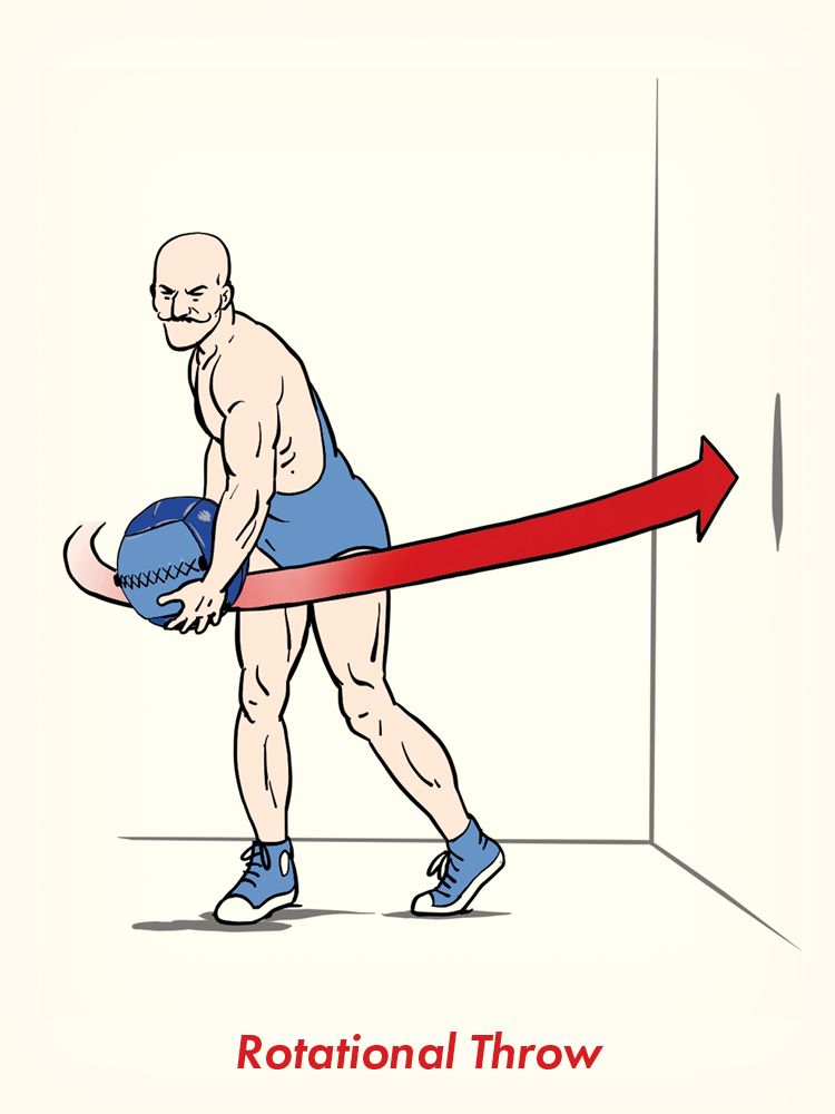 A muscular person in gym attire prepares to throw a weighted ball against a wall, demonstrating a rotational throw with a red arrow showing the movement path—an excellent example of medicine ball exercises.
