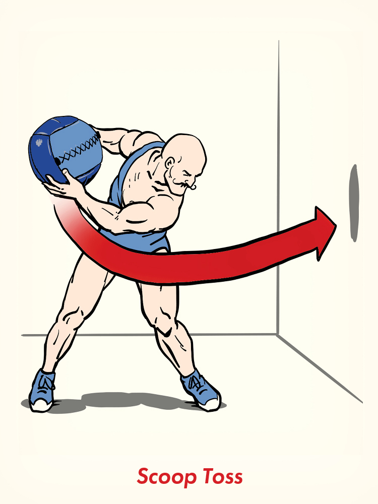 Illustration of a person performing a scoop toss, throwing a medicine ball underhand against a wall with a red arrow indicating the motion—perfect for demonstrating medicine ball fitness exercises.
