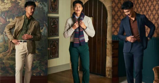 A man modeling smart casual holiday looks: a tan suit, a light sweater with scarf and green pants, and a navy suit with a brown shirt, each styled in unique indoor settings.