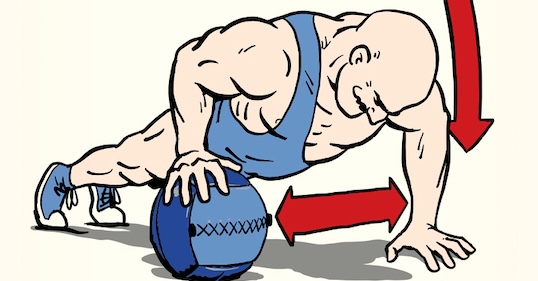 Illustration of a muscular person doing a push-up with one hand on a medicine ball and the other on the floor, showing arrows for downward and outward movement—perfect for demonstrating advanced medicine ball exercises.